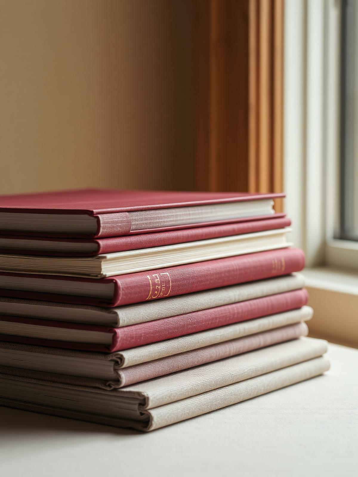Linen-bound books with oxblood spines stacked by a window